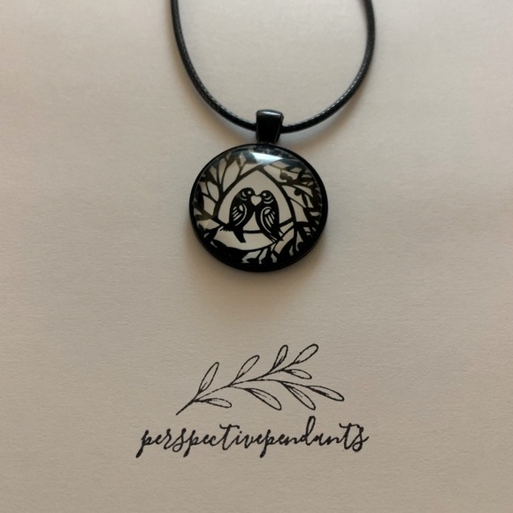 🖤 Black & White “Love Birds” Handmade Mandala Cabochon Pendant Necklace - Picture 5 of 6